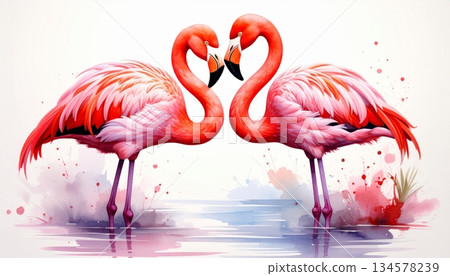 A beautiful exotic pink flamingo with vibrant feathers and a long neck stands in tropical water, showcasing the graceful wildlife and colorful nature of this wild bird A beautiful exotic pink flamingo with vibrant feathers and a long neck stands in tropical water, showcasing the graceful wildlife and colorful nature of this wild bird 134578239