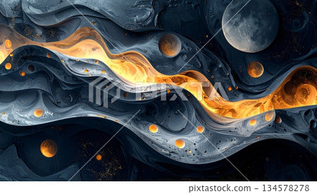 A fantasy art illustration features a burning fractal fire in the sky with red and blue waves of smoke and light swirling over water in a motion of hot orange energy against a black space backdrop A fantasy art illustration features a burning fractal fire in the sky with red and blue waves of smoke and light swirling over water in a motion of hot orange energy against a black space backdrop 134578278