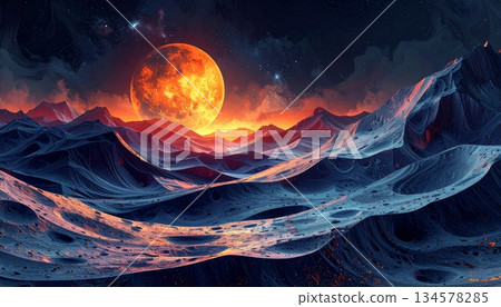 A fantasy art illustration features a burning fractal fire in the sky with red and blue waves of smoke and light swirling over water in a motion of hot orange energy against a black space backdrop 134578285