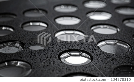 Industrial dark steel metallic mesh background featuring a perforated black iron grid pattern with a chrome textured surface for a modern gray carbon grill design Industrial dark steel metallic mesh background featuring a perforated black iron grid pattern with a chrome textured surface for a modern gray carbon grill design 134578310