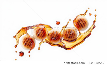 Dynamic splashes of mitarashi dango and soy sauce advertising visual Dynamic splashes of mitarashi dango and soy sauce advertising visual 134578542