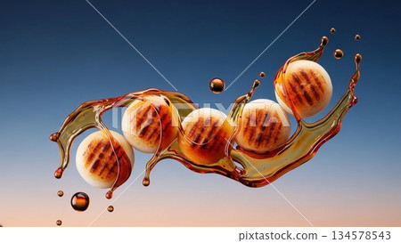 Dynamic splashes of mitarashi dango and soy sauce advertising visual Dynamic splashes of mitarashi dango and soy sauce advertising visual 134578543