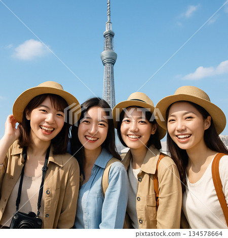 Smiling female tourists in front of the Skytree Smiling female tourists in front of the Skytree 134578664