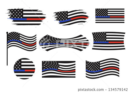 Collection of American Flags with Thin Blue Line and Thin Red Line. Collection of American Flags with Thin Blue Line and Thin Red Line. 134579142