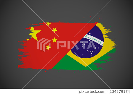 China and Brazil Flags Overlaid with Textured Brush Strokes. 134579174