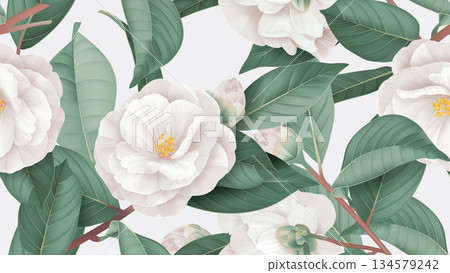 Floral seamless pattern, white Semi-double Camellia flowers with leaves on bright grey Floral seamless pattern, white Semi-double Camellia flowers with leaves on bright grey 134579242