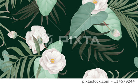 Floral seamless pattern, white Semi-double Camellia flowers with various leaves on dark green 134579244