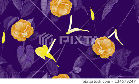 Floral seamless pattern, Semi-double Camellia flowers with Anthurium flowers in purple, orange and yellow on purple Floral seamless pattern, Semi-double Camellia flowers with Anthurium flowers in purple, orange and yellow on purple 134579247