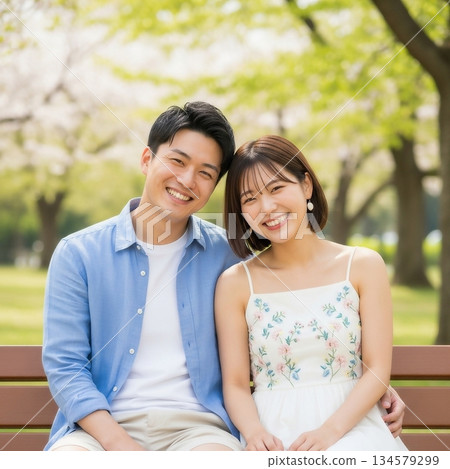 一對年輕的日本夫婦坐在森林公園的長椅上 134579299