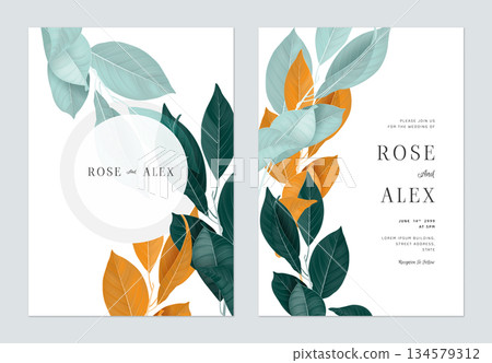 Foliage wedding invitation card template design, leaves in blue, green and orange tones 134579312