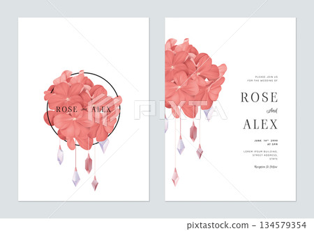 Floral wedding invitation card template design, red Pelargonium zonale flowers decorated with crystals 134579354