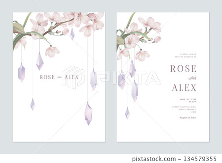 Floral wedding invitation card template design, Somei Yoshino sakura flowers decorated with purple crystals 134579355