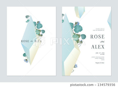 Floral wedding invitation card template design, blue crystal decorated with plants and flowers 134579356