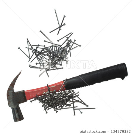 Long Nail fly floating in mid air. Many group new long nails metal fall as construction tools. Abstract long nails explode unbox with Hammer. White background isolated high speed shutter freeze motion 134579382