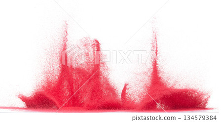 Small size red Sand flying explosion, blood sands grain wave explode. Abstract cloud fly. Red colored sand splash throwing in Air. White background Isolated high speed shutter, throwing freeze stop 134579384