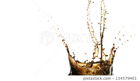 Black Coffee, tea, espresso, cola pouring and splash as crown water. Coffee, tea, espresso, cola explode bubble splash in mid air. White background isolated photo with gold glitter Black Coffee, tea, espresso, cola pouring and splash as crown water. Coffee, tea, espresso, cola explode bubble splash in mid air. White background isolated photo with gold glitter 134579401