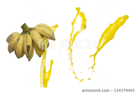 Banana flying explosion with fruit juice, Yellow Banana fresh vitamin water full complete size float in mid air. White background Isolated high speed shutter, throwing freeze stop Banana flying explosion with fruit juice, Yellow Banana fresh vitamin water full complete size float in mid air. White background Isolated high speed shutter, throwing freeze stop 134579405
