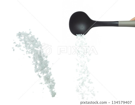 Salt rock flower pour fall in ladle, white Salt rock flower cook abstract cloud fly. Big size ground salt splash in air, food object element design. White background isolated high speed freeze motion Salt rock flower pour fall in ladle, white Salt rock flower cook abstract cloud fly. Big size ground salt splash in air, food object element design. White background isolated high speed freeze motion 134579407