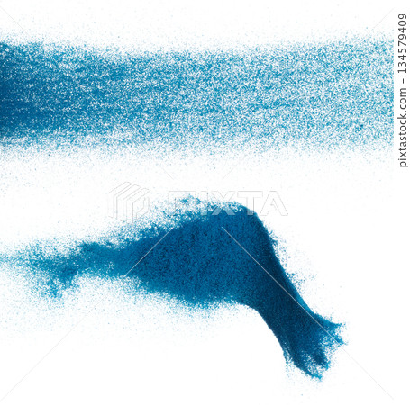 Blue Sand flying explosion, Ocean sands grain wave explode. Abstract cloud fly, colored splash throwing in Air. White background Isolated high speed shutter, throwing freeze stop 134579409