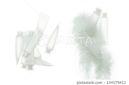 Cosmetic container white bottle fly splashing. Tube transparent in mid air. Many Moisturizer lotion cream bottle explosion flying many angle. White background isolated high speed shutter freeze motion 134579412