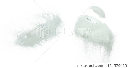 Cosmetic container white bottle fly splashing on white sand. Tube transparent sand powder in mid air. Moisturizer lotion cream bottle explosion flying. White background isolated high speed shutter 134579413