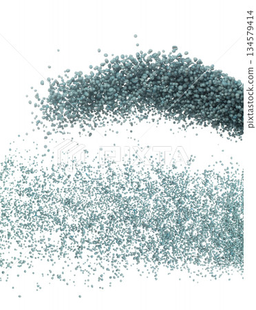 Fertilizer blue chemical accelerate growth fly fall explosion, many tiny ball fertilizer for planting float throw in mid air. White background isolated high speed freeze motion 134579414