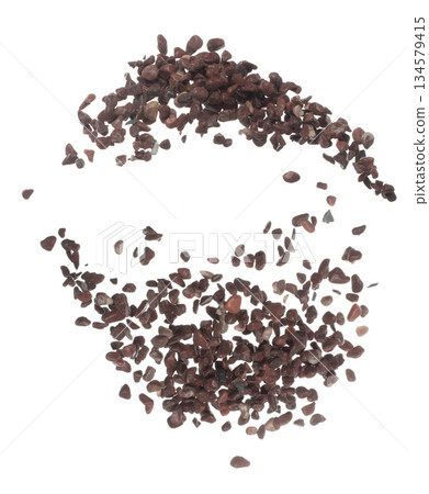 Fish Tank decorative Rock stone gravel fly explosion fall, red stone rock explode abstract cloud fly, splash in air for ground floor. White background isolated high speed shutter freeze shot 134579415