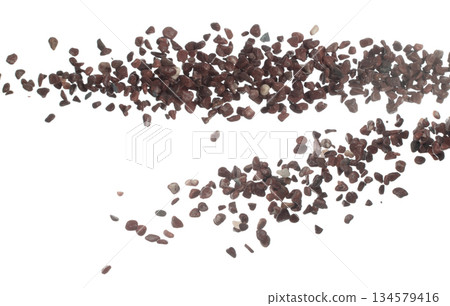 Fish Tank decorative Rock stone gravel fly explosion fall, red stone rock explode abstract cloud fly, splash in air for ground floor. White background isolated high speed shutter freeze shot 134579416