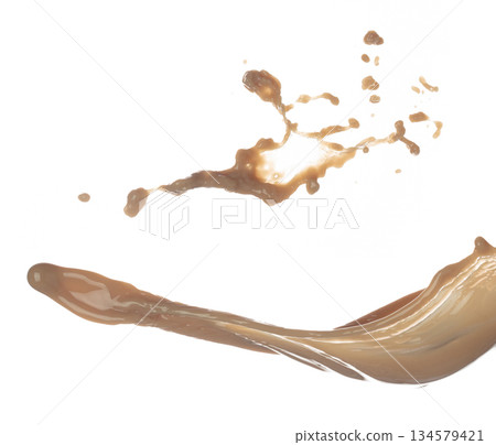Milk Tea fall ice cube cool pouring down in Shape form line. Milk Ice coffee splash into drop dropet, chocolate cocoa attack fluttering explosion in air. White background isolated, stop motion freeze 134579421