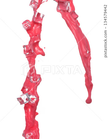 Red tomato strawberry juice pour with ice cube, Tomato juice wave fall in air. Red Wine colored explosion spill with ice droplet. White background Isolated high speed shutter, freeze motion Red tomato strawberry juice pour with ice cube, Tomato juice wave fall in air. Red Wine colored explosion spill with ice droplet. White background Isolated high speed shutter, freeze motion 134579442