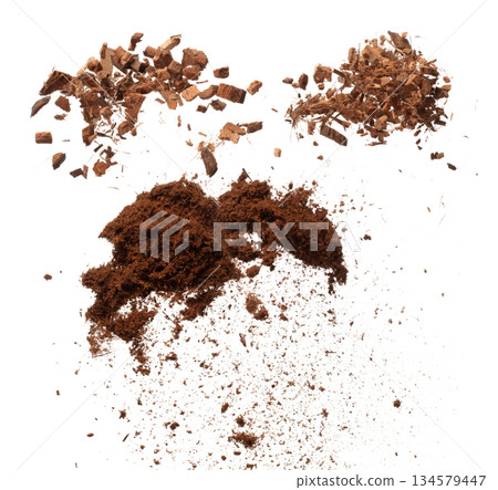 Coconut peel husk flying explosion, coconut chopped fine small S size fall down as dust. Coconut powder peel fertilizer splash throwing in Air. White background Isolated high speed shutter, freeze 134579447