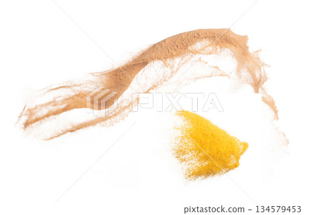 Small Fine size Sand flying explosion, Golden grain wave explode. Abstract cloud fly. Yellow colored sand splash throwing Air. White background Isolated high speed shutter, throwing freeze stop motion Small Fine size Sand flying explosion, Golden grain wave explode. Abstract cloud fly. Yellow colored sand splash throwing Air. White background Isolated high speed shutter, throwing freeze stop motion 134579453