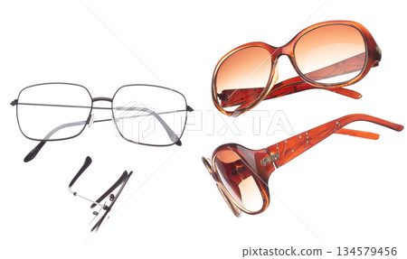 Working smart Fashion Glasses fly in air showing many angle rotated. Fashion trend glasses for confident work and beautiful wearing is good for shape of head. White background isolated 134579456