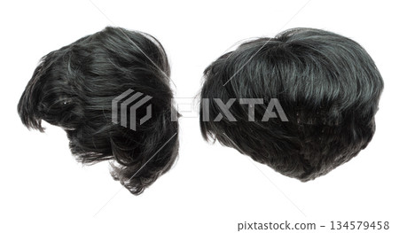 Short straight Wig hair style fly fall explosion. Silver gray man woman wig hair float in mid air. Middle age elderly wig hair wind blow cloud throw. White background isolated high speed freeze motion 134579458