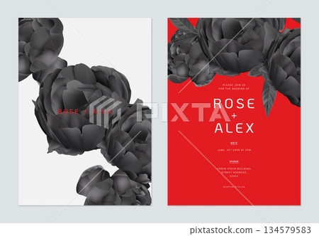 Floral wedding invitation card template design, black roses on bright grey and red 134579583