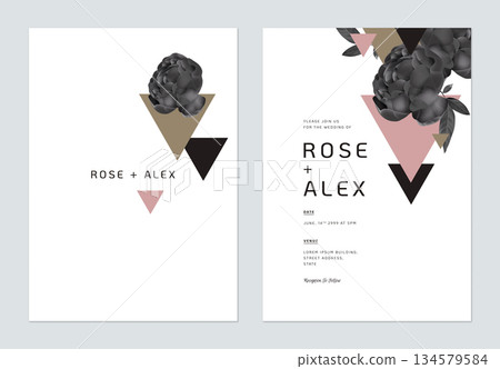 Minimalist floral wedding invitation card template design, black roses and triangles on white 134579584