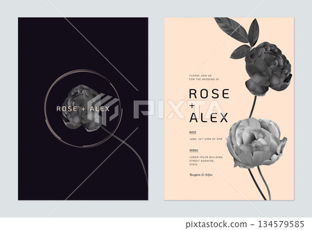 Minimalist floral wedding invitation card template design, black roses on dark purple and bright orange 134579585