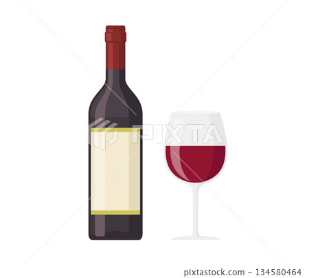 葡萄酒和酒杯,平面插圖 葡萄酒和酒杯,平面插圖 134580464