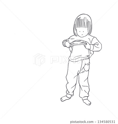 Child getting dressed line art Child getting dressed line art 134580531