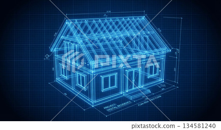 A digital blueprint of a house, showcasing its design in a vibrant blue light against a dark background. A digital blueprint of a house, showcasing its design in a vibrant blue light against a dark background. 134581240