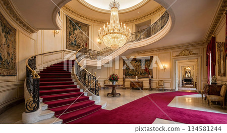 Elegant Staircase with Chandelier and Red Carpet. 134581244