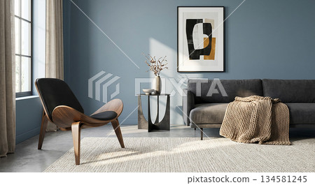 Relaxing room interior of the house with blue wall paint. 134581245