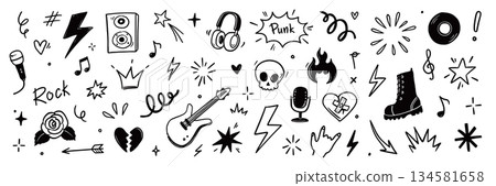 Rock n roll punk music doodle icon set. Graffiti, tattoo hand drawn doodle sticker, text, skull, heart, skate, gesture hand. Marker scribble sketch music icons. Grunge rock vector Rock n roll punk music doodle icon set. Graffiti, tattoo hand drawn doodle sticker, text, skull, heart, skate, gesture hand. Marker scribble sketch music icons. Grunge rock vector 134581658