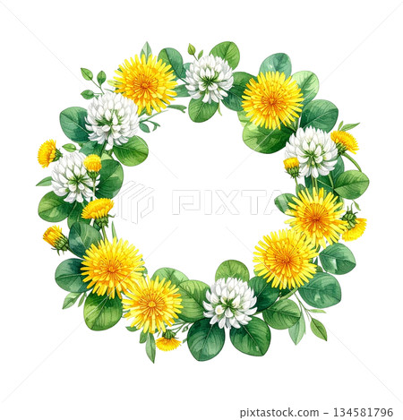Spring wildflower wreath watercolor illustration 134581796