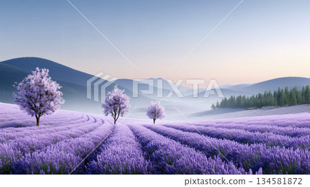 3D卡通紫色薰衣草花田 134581872