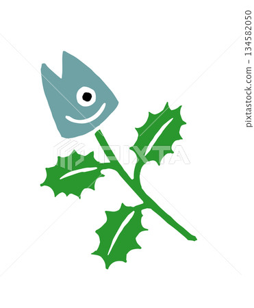 木版畫風格的節分冬青沙丁魚 134582050