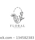 Floral frame round shape emblem logo leave circle style boutique background 134582383