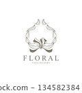Floral frame round shape emblem logo leave circle style boutique background 134582384