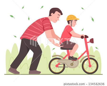 Father Teach His Child to Ride a Bicycle in Garden for Family, Parents and Outdoor Activity Concept Illustration 134582636