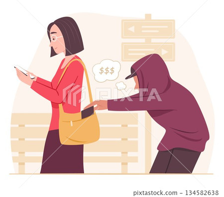 Pickpocket Thief in Hood Trying to Steal a Woman's Wallet from Her Bag while She Using Mobile Phone Outdoors for Social Crime and Illegal Concept Illustration 134582638